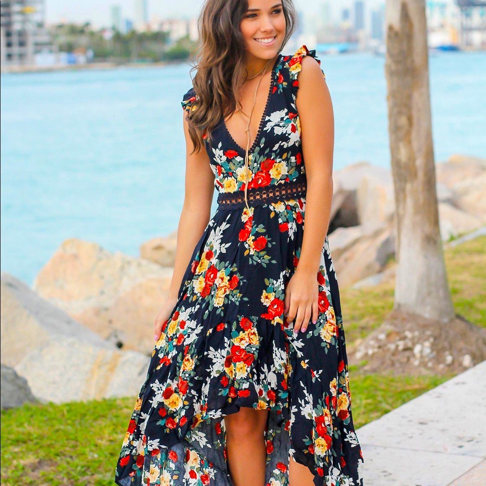 Navy Floral High Low Dress with Open Back